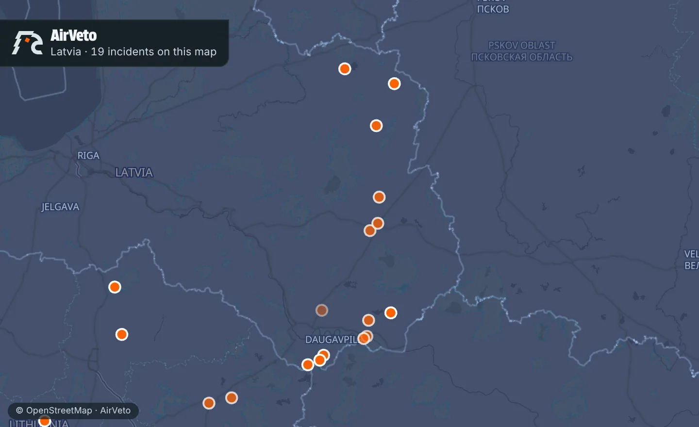 Map of Latvia with 19 incidents marked