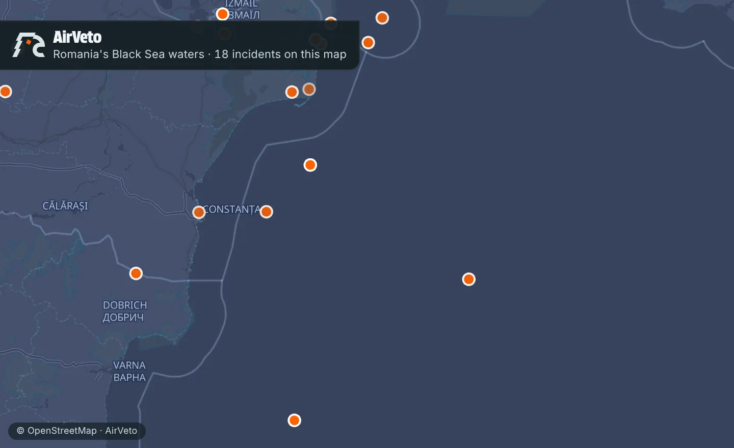 Map of Romania's Black Sea waters with 18 incidents marked
