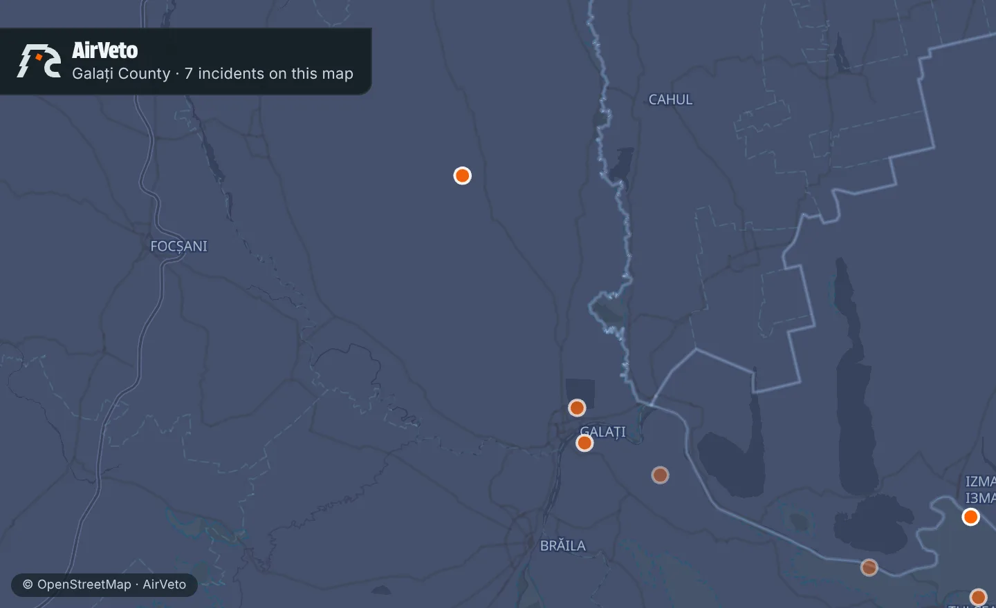Map of Galați County, Romania with 7 incidents marked