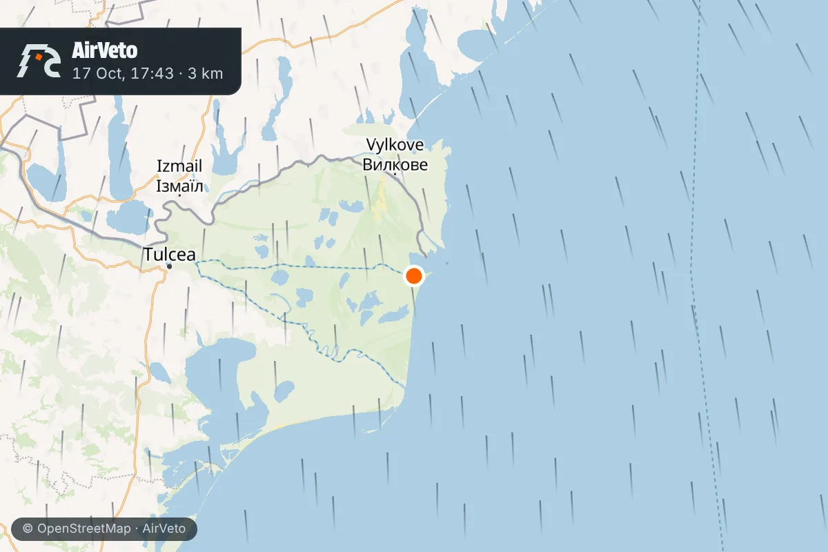 Wind at the time of: Two Geran drones shot down off Sulina, Romania, 17 Oct 2026