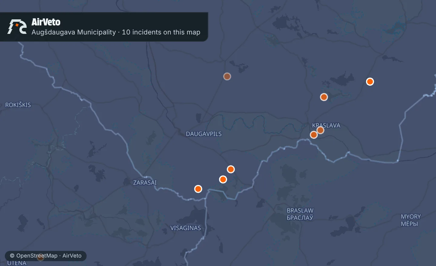 Map of Augšdaugava Municipality, Latvia with 10 incidents marked
