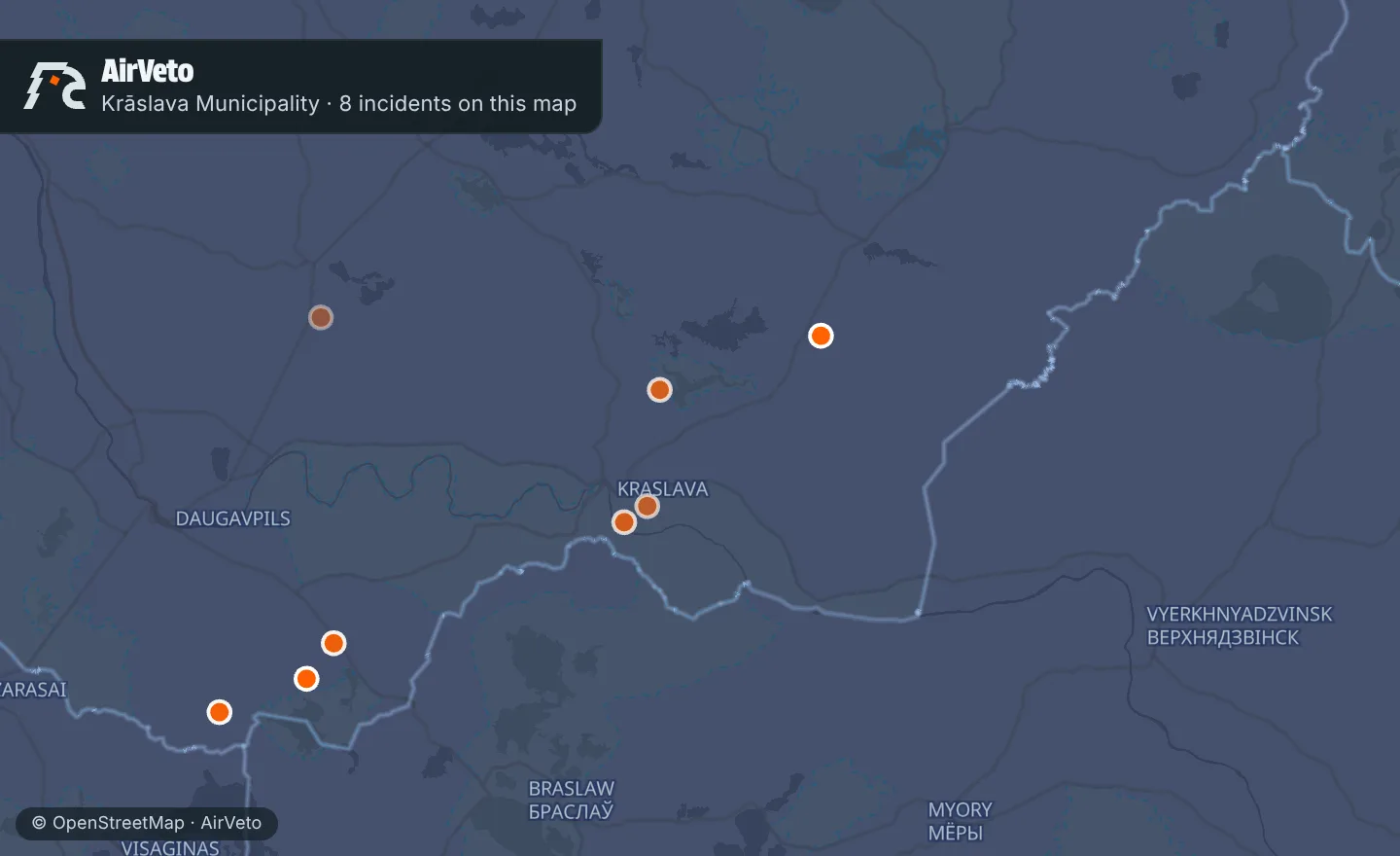 Map of Krāslava Municipality, Latvia with 8 incidents marked