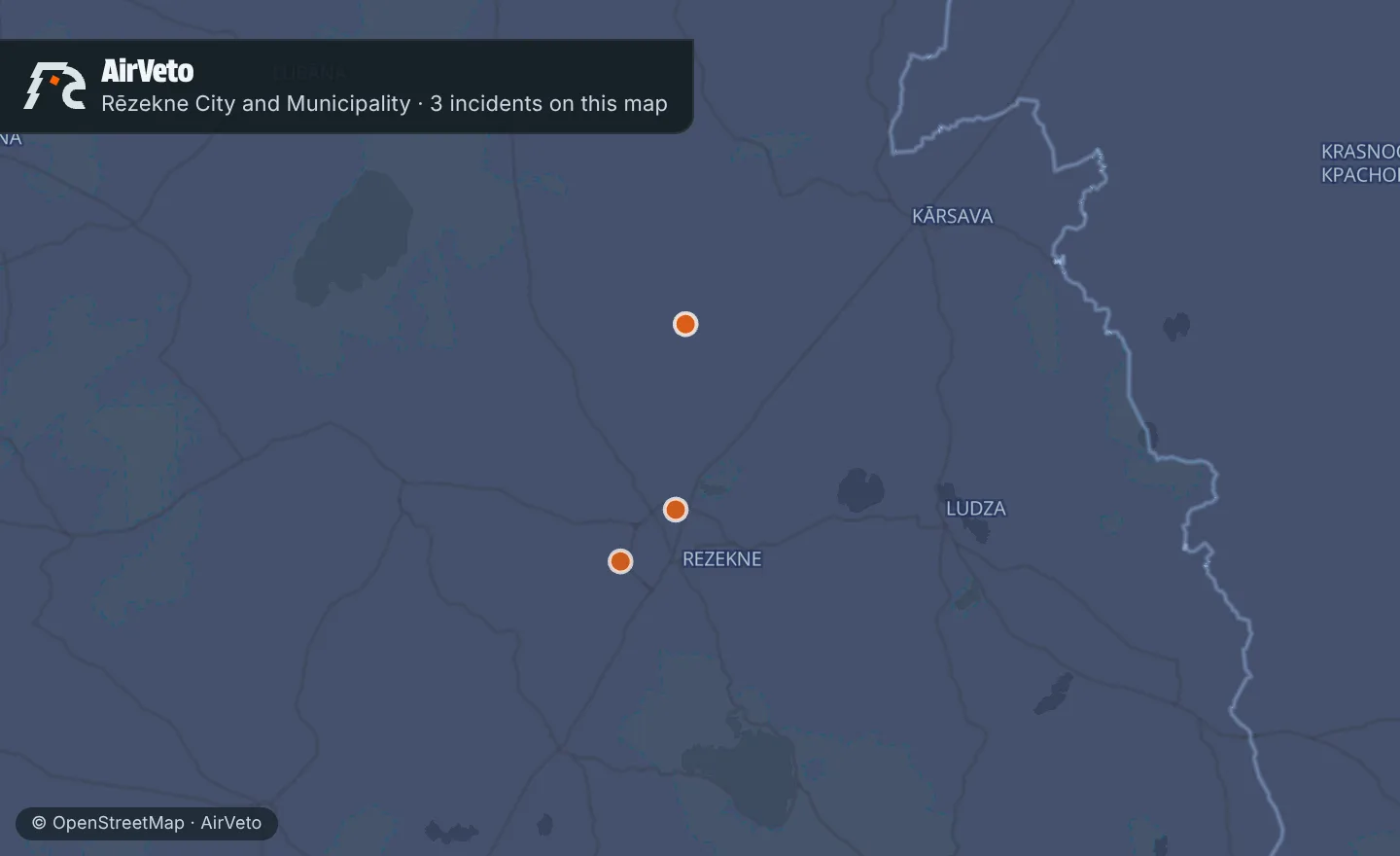 Map of Rēzekne City and Municipality, Latvia with 3 incidents marked
