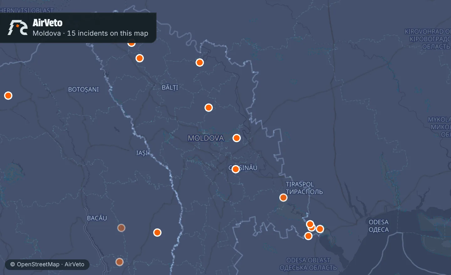 Map of Moldova with 15 incidents marked