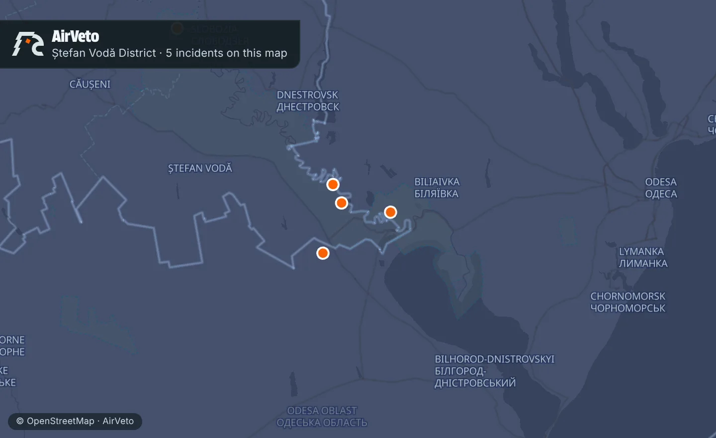 Map of Ștefan Vodă District, Moldova with 5 incidents marked