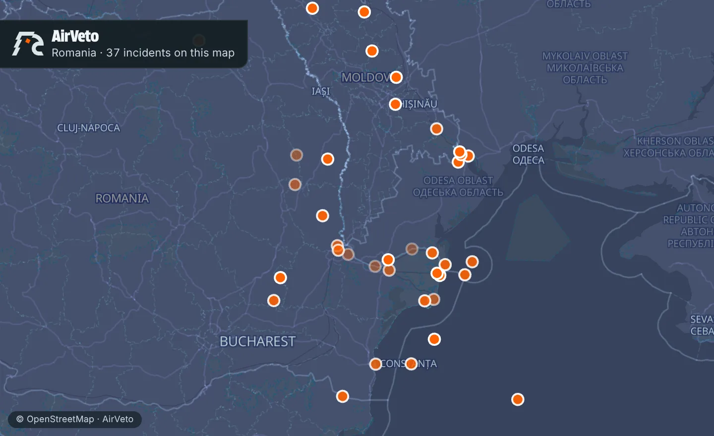 Map of Romania with 37 incidents marked