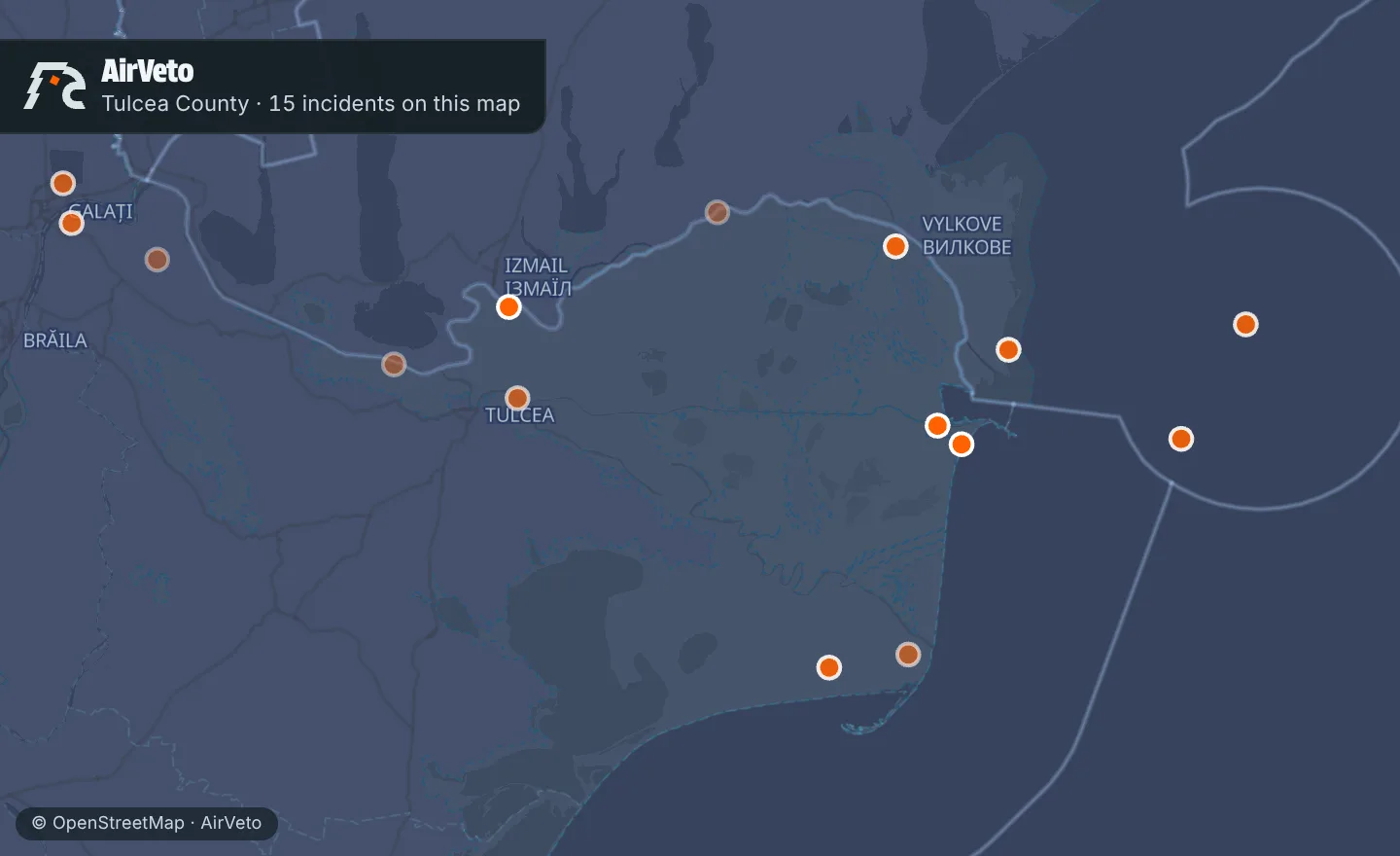 Map of Tulcea County, Romania with 15 incidents marked