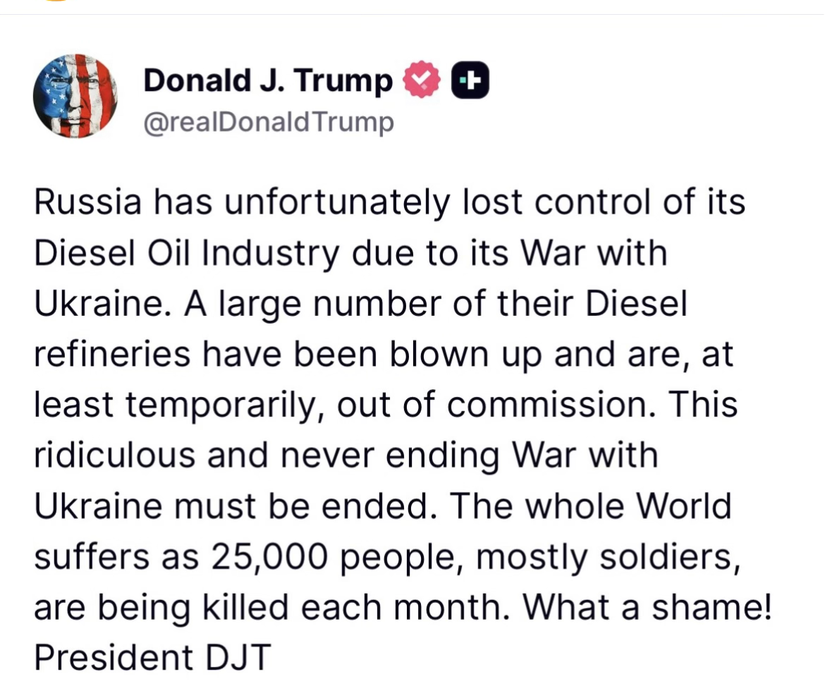 Trump Truth Social post on Russia's diesel industry