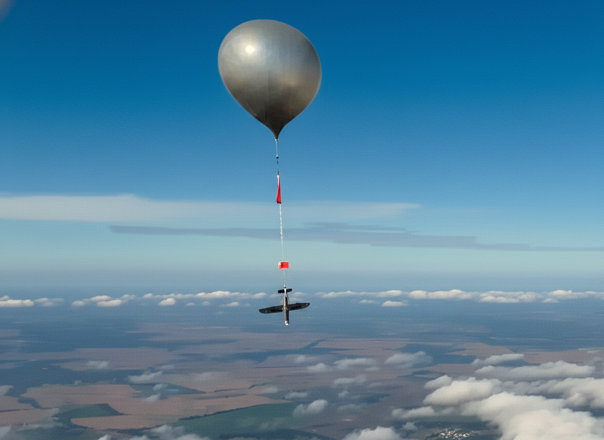 Hornet AI drone suspended beneath a helium aerostat during a Ukrainian test, photographed from another aircraft