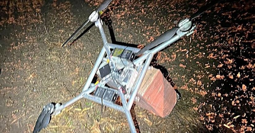 The homemade quadcopter drone recovered near Daugidonys, Šalčininkai district, on September 6, 2026, with the cargo box still attached