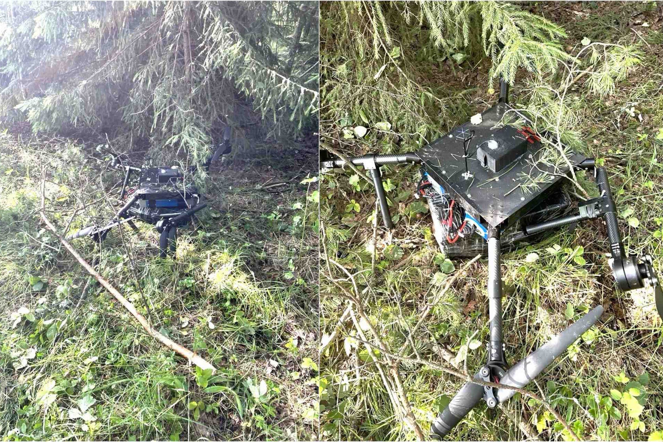 The contraband drone downed at Kenas, photographed in the forest near Šumskų village on 18 July 2026
