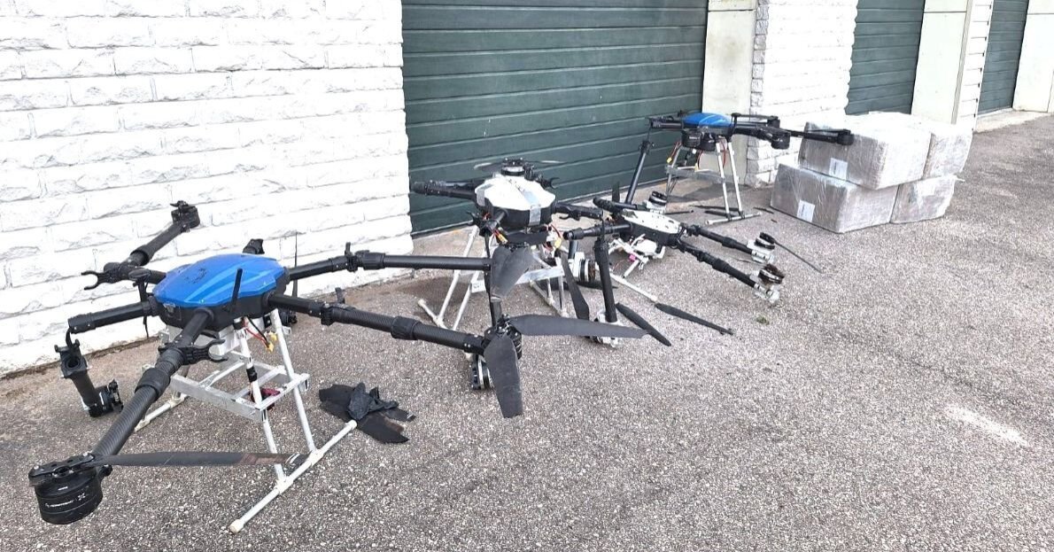 Hexacopter-style cargo drones recovered near Kuodžiai, Lazdijai district, on 30 July 2026. Photo: VSAT, via 15min.lt.