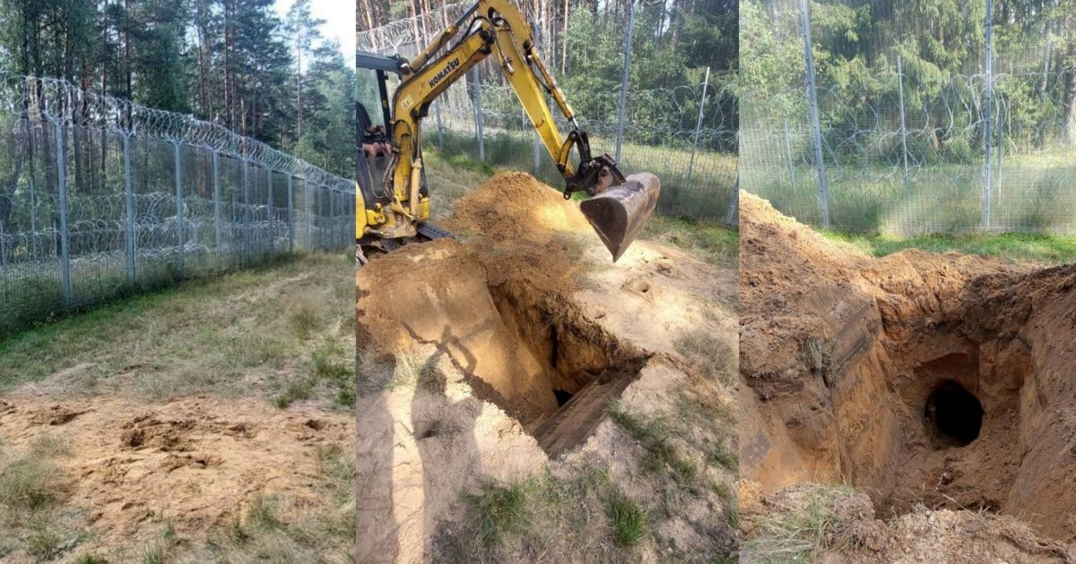 Left: the border fence above the dig site. Centre: an excavator uncovering the tunnel. Right: the exposed tunnel opening. Latežeris village, Druskininkai municipality, 4 August 2026. Photo: VSAT, via 15min.lt.