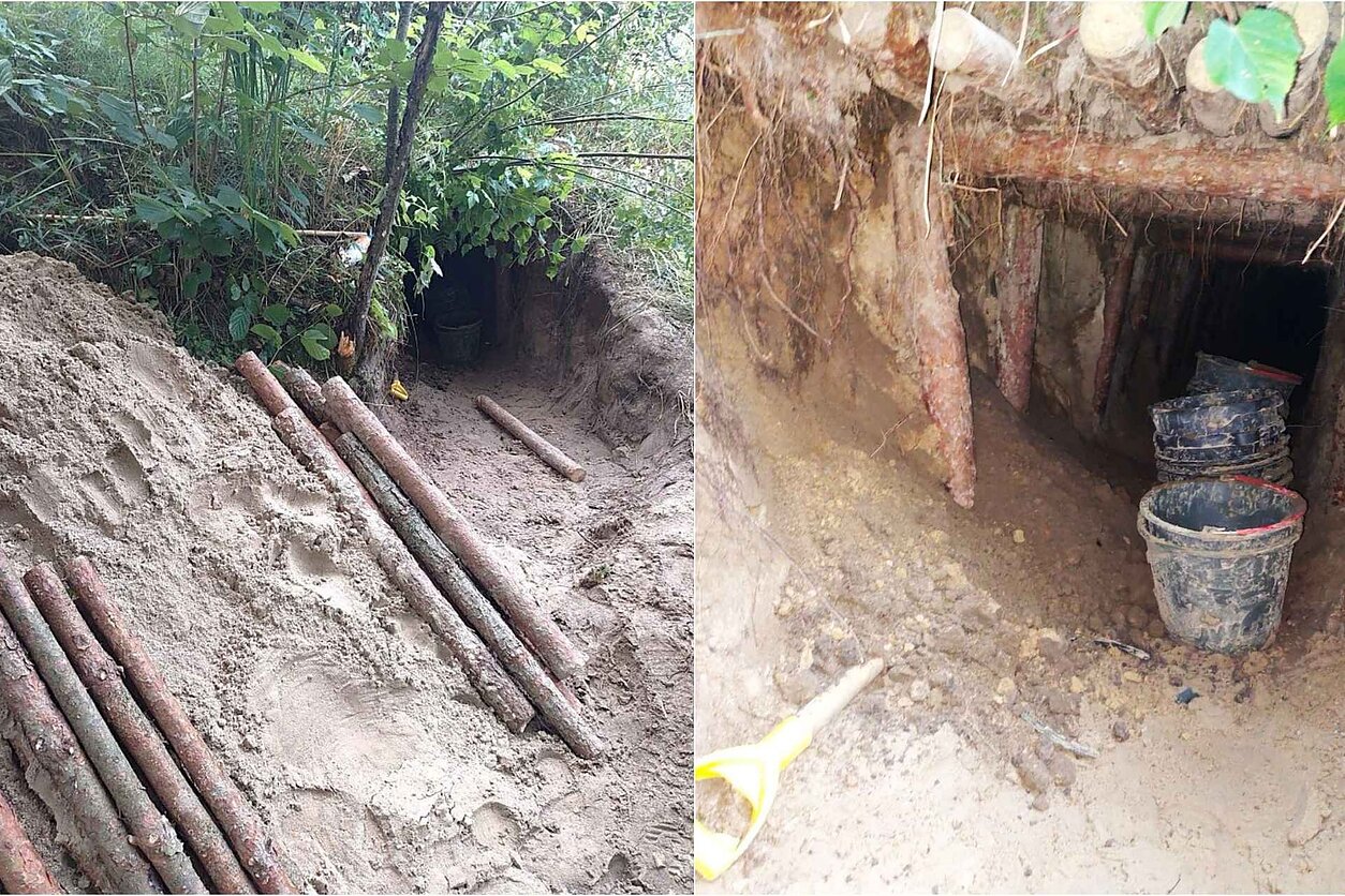 The tunnel found near Pertakas, Lazdijai district, on 26 July 2026. Left: the entrance with excavated sand and logs prepared as supports. Right: the tunnel mouth with buckets used to remove soil. Photo: VSAT.