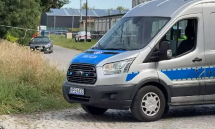 A Polish police van at the WB Electronics plant on Obuwnicza Street, Skarżysko-Kamienna, the morning after the arson attempt