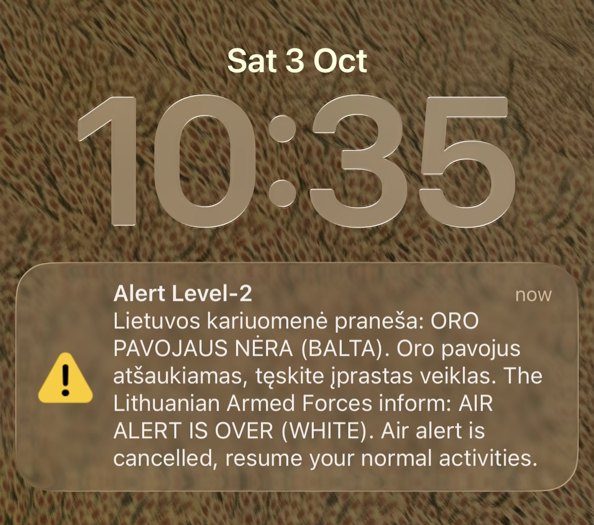 Phone screenshot of the Armed Forces white all-clear message, shown at 10:35 on Saturday, October 3