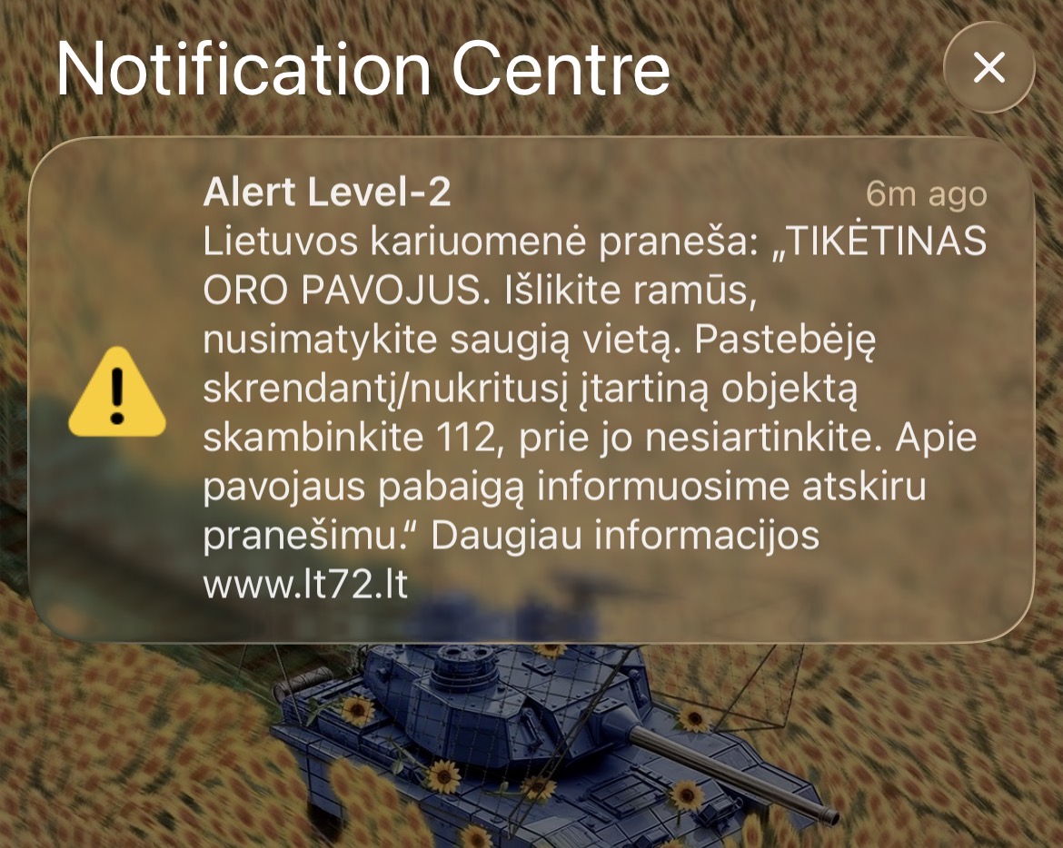 Lithuanian Armed Forces "probable air danger" cell-broadcast alert, 20 May 2026