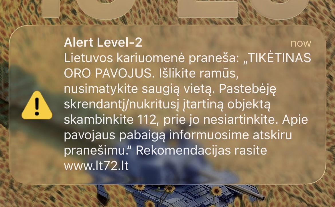 Lithuanian Armed Forces yellow-level "probable air threat" cell-broadcast alert, 13 June 2026