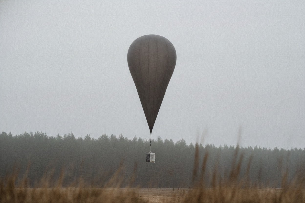 Contraband balloon resting in open terrain, associative image