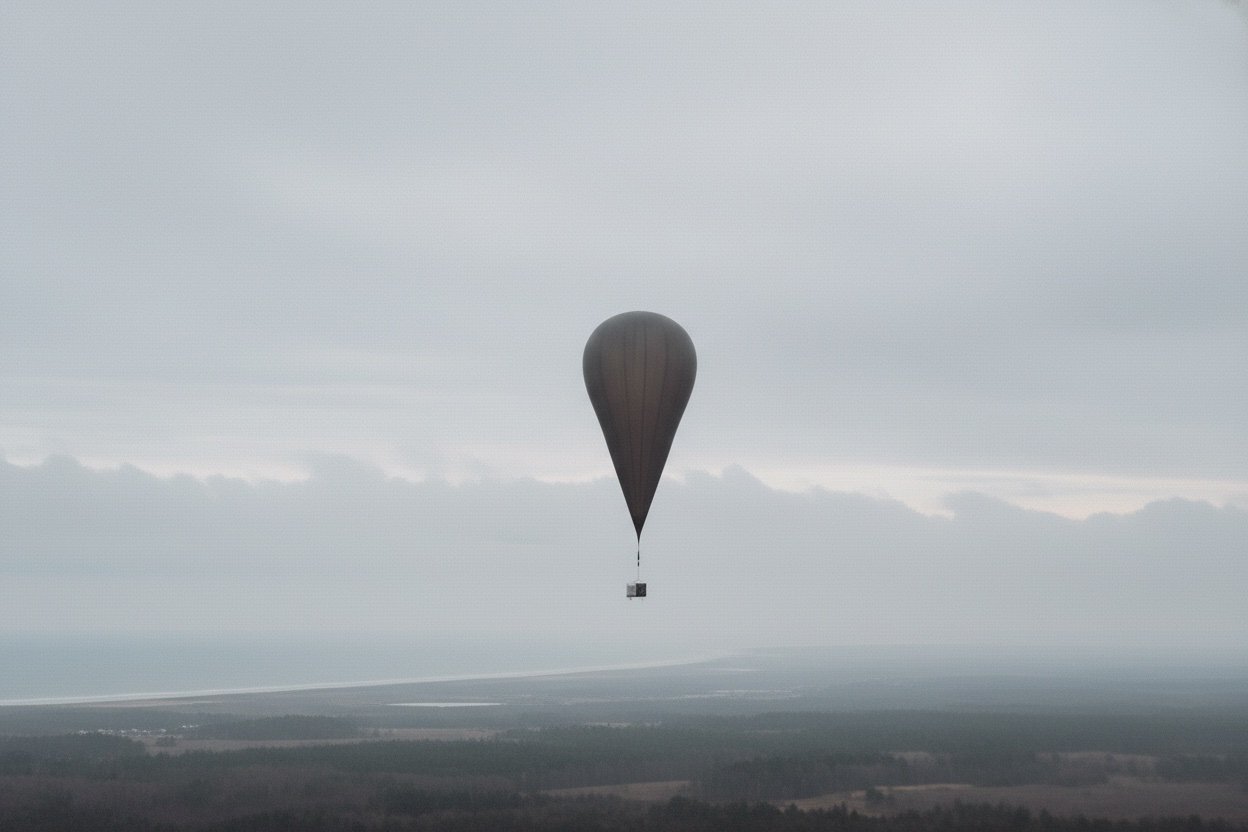 Associative image: smuggling balloon drifting over landscape viewed from distance