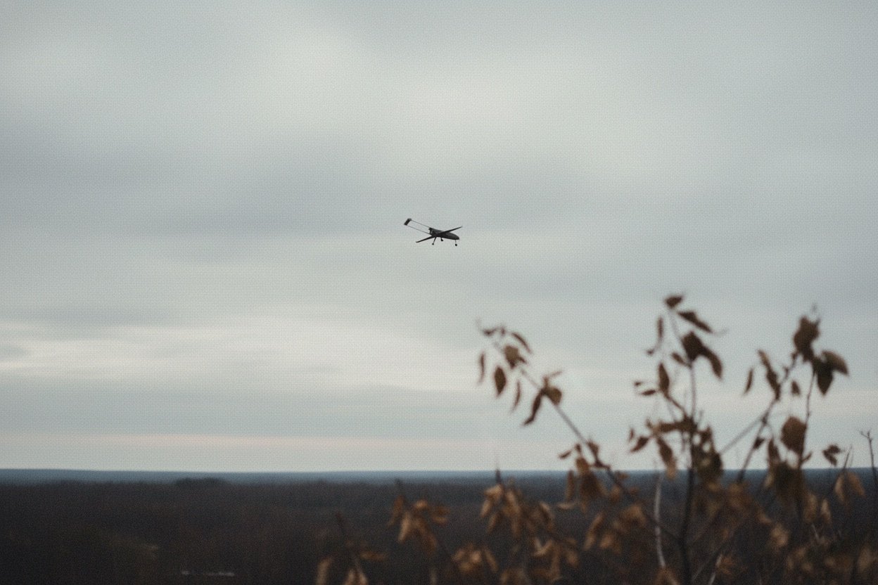 Associative image: military-type fixed-wing drone on open ground