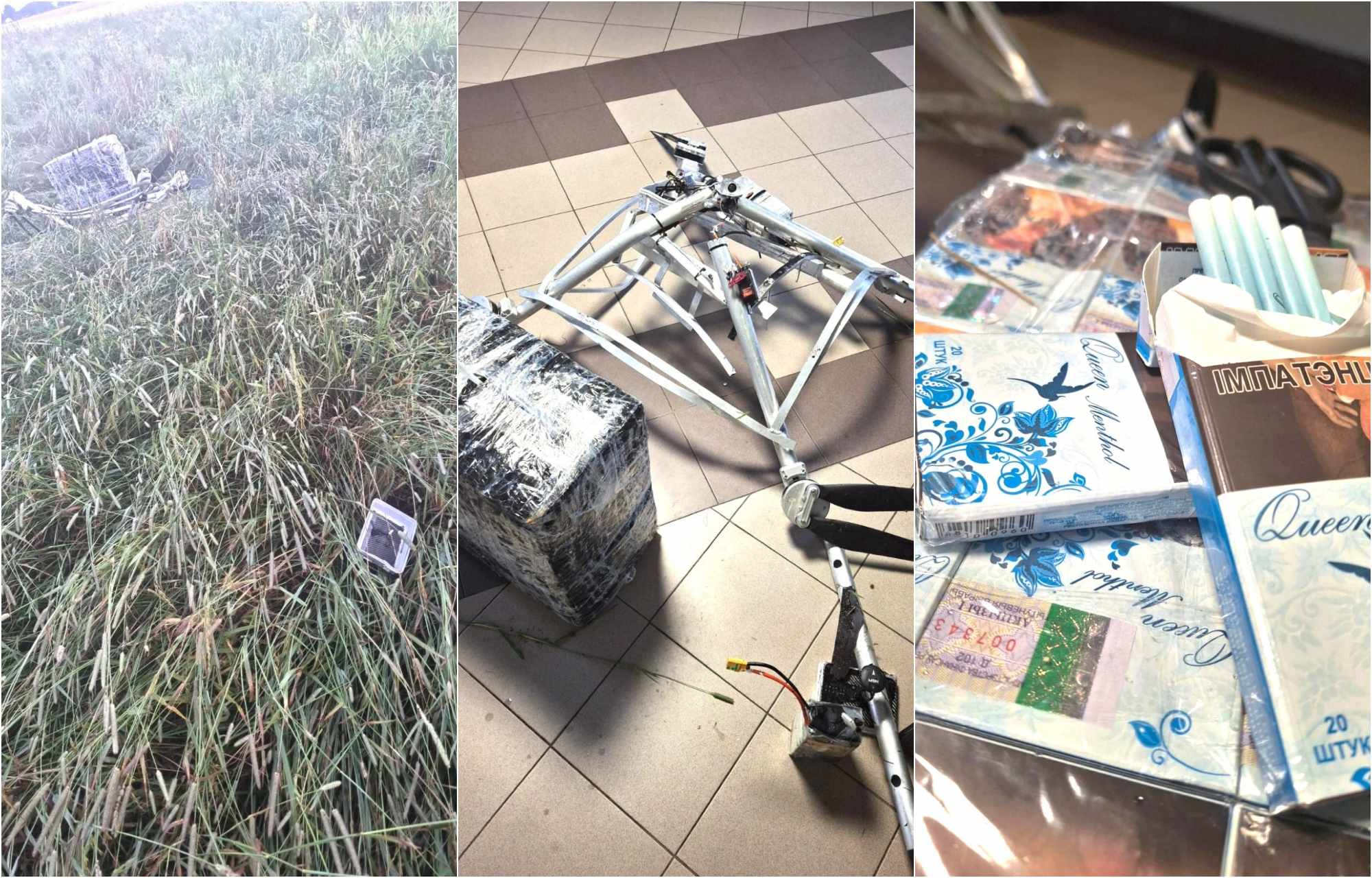 VSAT documentation of the Prūdelis interception: crash site in field, recovered aluminium-frame hexacopter with tape-wrapped cargo block, and seized Belarusian cigarette packs