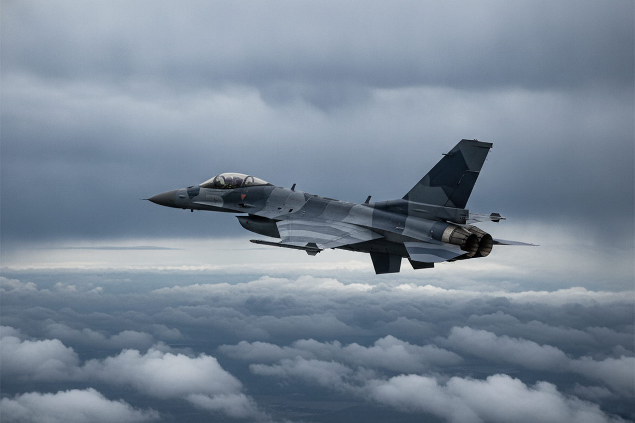 Single F-16 fighter jet in flight above an overcast cloud layer